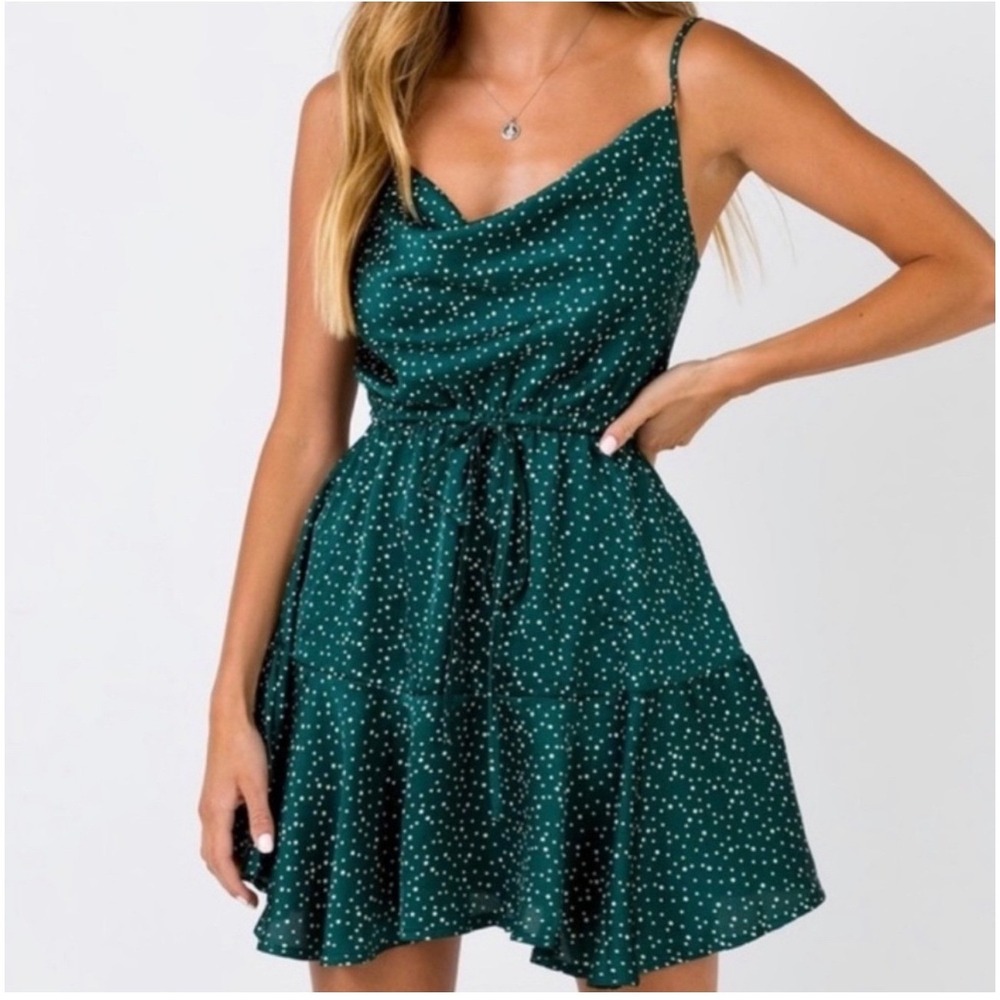 A6 Princess Polly Mini Dress Green White Polka Dot Cowl Neck Tie Waist Party‎ 6